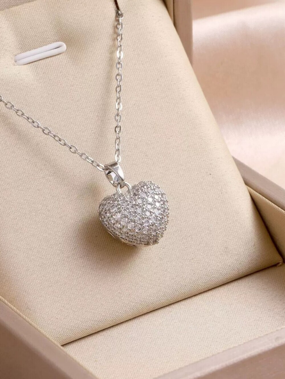 Titanium Steel Crystal Heart Necklace Silver Pavé Pendant